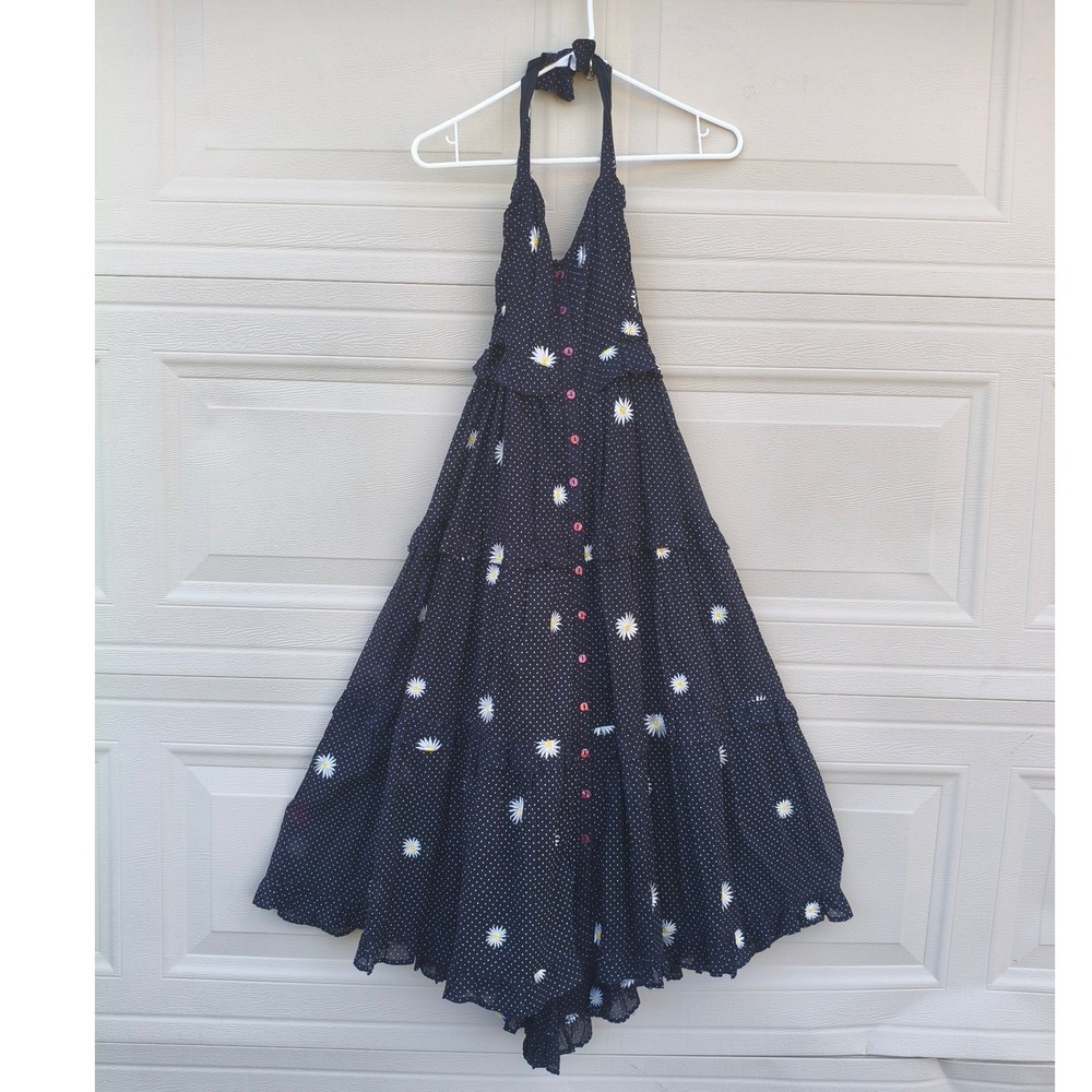 Free People Sz Sm Daisy Chain Midi Dress Black & white Dot Halter Cottage Boho